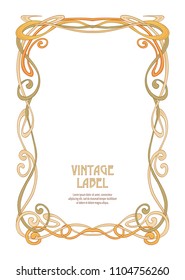 Frame, border in art nouveau style in soft gold colors. Good for greeting card,  invitation, gift voucher. Label for products or cosmetics. Vintage, old, retro style. Stock vector illustration.