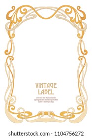 Frame, border in art nouveau style in soft gold colors. Good for greeting card,  invitation, gift voucher. Label for products or cosmetics. Vintage, old, retro style. Stock vector illustration.