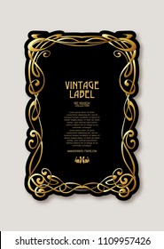 Frame, border in art nouveau style in gold color on black background. Label for products or cosmetics. Vintage, old, retro style. Stock vector illustration.