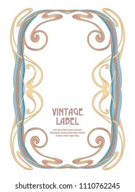 Frame, border in art nouveau style in soft gold colors. Good for greeting card,  invitation, gift voucher. Label for products or cosmetics. Vintage, old, retro style. Stock vector illustration.