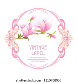 Frame, border in art nouveau style with magnolia flowers on white background. Label for products or cosmetics. Vintage, old, retro style. Stock vector illustration.