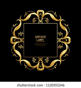 Frame, border in art nouveau style in gold color on black background. Label for products or cosmetics. Vintage, old, retro style. Stock vector illustration.