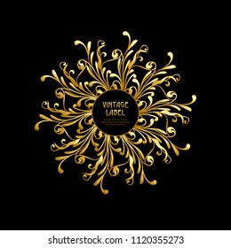 Frame, border in art nouveau style in gold color on black background. Label for products or cosmetics. Vintage, old, retro style. Stock vector illustration.