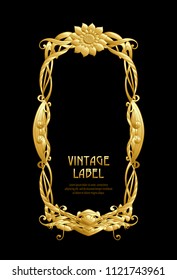 Frame, border in art nouveau style in gold color on black background. Label for products or cosmetics. Vintage, old, retro style. Stock vector illustration.