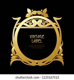 Frame, border in art nouveau style in gold color on black background. Label for products or cosmetics. Vintage, old, retro style. Stock vector illustration.