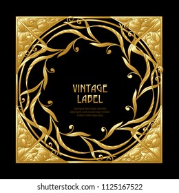 Frame, border in art nouveau style in gold color on black background. Label for products or cosmetics. Vintage, old, retro style. Stock vector illustration.