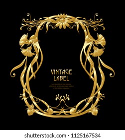 Frame, border in art nouveau style in gold color on black background. Label for products or cosmetics. Vintage, old, retro style. Stock vector illustration.