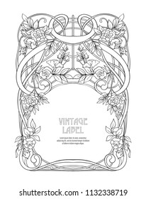 Frame, border in art nouveau style  with place for text. Vintage, old, retro style. Ìector illustration. Outline hand drawing. Good for coloring page for the adult coloring book.