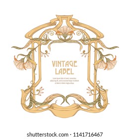 Frame, border in art nouveau style Isolated on white background. Label for products or cosmetics. Vintage, old, retro style. Stock vector illustration.