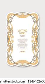 Frame, border in art nouveau style in soft gold colors on white background. Label for products or cosmetics. Vintage, old, retro style. Stock vector illustration.