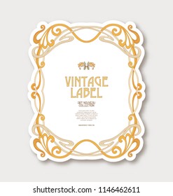 Frame, border in art nouveau style in soft gold colors on white background. Label for products or cosmetics. Vintage, old, retro style. Stock vector illustration.