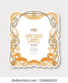 Frame, border in art nouveau style in soft gold colors on white background. Label for products or cosmetics. Vintage, old, retro style. Stock vector illustration.