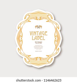 Frame, border in art nouveau style in soft gold colors on white background. Label for products or cosmetics. Vintage, old, retro style. Stock vector illustration.