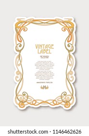 Frame, border in art nouveau style in soft gold colors on white background. Label for products or cosmetics. Vintage, old, retro style. Stock vector illustration.