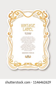 Frame, border in art nouveau style in soft gold colors on white background. Label for products or cosmetics. Vintage, old, retro style. Stock vector illustration.