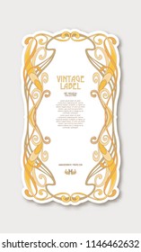 Frame, border in art nouveau style in soft gold colors on white background. Label for products or cosmetics. Vintage, old, retro style. Stock vector illustration.