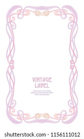 Frame, border in art nouveau style in soft pink colors. Good for greeting card,  invitation, gift voucher. Label for products or cosmetics. Vintage, old, retro style. Stock vector illustration.