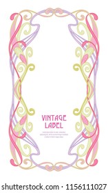 Frame, border in art nouveau style in soft pink colors. Good for greeting card,  invitation, gift voucher. Label for products or cosmetics. Vintage, old, retro style. Stock vector illustration.