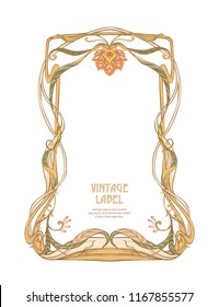 Frame, border in art nouveau style Isolated on white background.. Label for products or cosmetics. Vintage, old, retro style. Stock vector illustration.