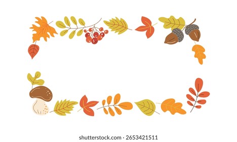 Quadro, borda com folhas de outono. Cogumelo, bolotas, bagas. Inserir para texto. Outono, filial de Rowan. Ilustração botânica da natureza. Queda de folhas. Fundo isolado branco.