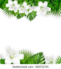 Frame border background branch with tropical leaves and white flowers lily, space for text, design template - vector