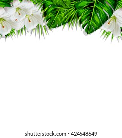 Frame border background branch with tropical leaves and white flowers lily, space for text, design template - vector