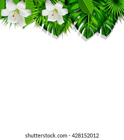 Frame border background branch with tropical leaves and white flowers lily, space for text, design template - vector