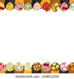 Frame, border, or background of bubble waffles. Set of different flavors bubble waffles on isolated background. Template for card, invitation, banner, post, advertising with empty space for text.