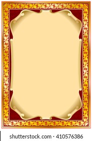 frame border background for diploma or certificate: floral element, vintage composition center, golden imitation view