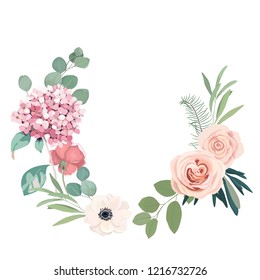 Frame border background. Floral wedding card with hortensia, rose, anemone and eucalyptus branch. Vector illustration