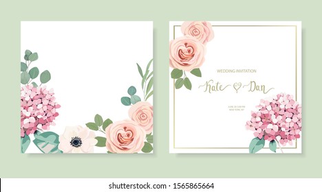 Frame border background. Floral wedding cards set with hortensia, rose, anemone and eucalyptus branch. Vector illustration.