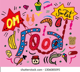 Frame border background  of food. Rose backdrop top view grocery products. Sketch doodle