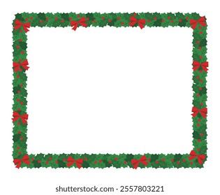 A frame border background illustration of a combination of holly plant and ribbon in a December winter Christmas concept.