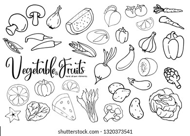 Frame border background of organic farm fresh tropical fruits and vegetables. Vector illustration. Sketch doodle outline line flat style design. White backdrop top view grocery products