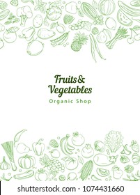 Frame border background pattern of green organic farm fresh tropical fruits and vegetables. Vector illustration. Sketch doodle outline line flat style design. White backdrop top view grocery products