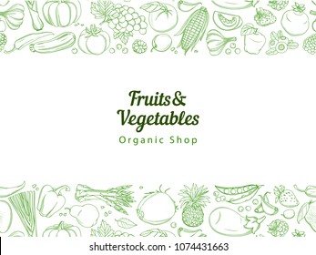 Patrón de fondo del marco de la granja ecológica fresca frutas y verduras tropicales. Ilustración vectorial. Esbozar el diseño de líneas planas en el contorno del doodle. Productos de compras en la parte superior de la vista blanca