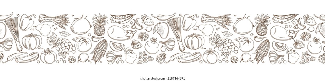 Frame border background pattern of green organic farm fresh tropical fruits and vegetables. Vector illustration. Sketch doodle outline line flat style design. White backdrop top view grocery products