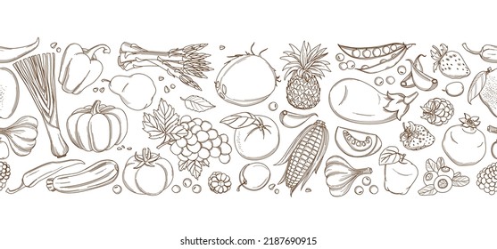 Frame border background pattern of green organic farm fresh tropical fruits and vegetables. Vector illustration. Sketch doodle outline line flat style design. White backdrop top view grocery products