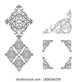 frame and Border with baroque style. Ornament elements for your design. Black and white color.