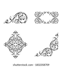 Frame and Border with baroque style. Ornament elements for your design. Black and white color.