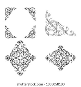 Frame and Border with baroque style. Ornament elements for your design. Black and white color.