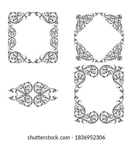 Frame and Border with baroque style. Ornament elements for your design. Black and white color.