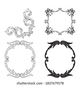 Frame and Border with baroque style. Ornament elements for your design. Black and white color.