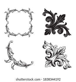Frame and Border with baroque style. Ornament elements for your design. Black and white color. Floral engraving decoration for postcards or invitations for social media.