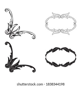 Frame and Border with baroque style. Ornament elements for your design. Black and white color. Floral engraving decoration for postcards or invitations for social media.