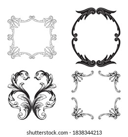 Frame and Border with baroque style. Ornament elements for your design. Black and white color. Floral engraving decoration for postcards or invitations for social media.