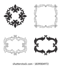 Frame and Border with baroque style. Ornament elements for your design. Black and white color. Floral engraving decoration for postcards or invitations for social media.