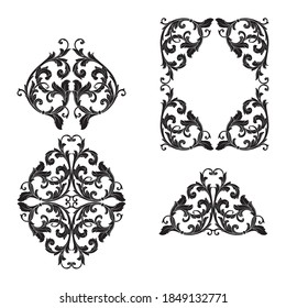 Frame and Border with baroque style. Ornament elements for your design. Black and white color. Floral engraving decoration for postcards or invitations for social media.