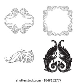 Frame and Border with baroque style. Ornament elements for your design. Black and white color. Floral engraving decoration for postcards or invitations for social media.
