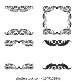 Frame and Border with baroque style. Ornament elements for your design. Black and white color. Floral engraving decoration for postcards or invitations for social media.